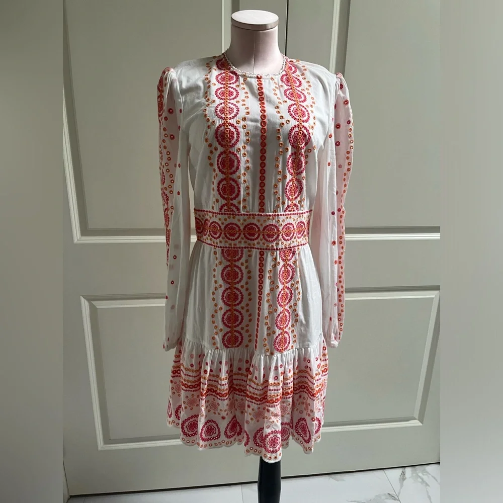 MICHAEL Michael Kors White and orange cotton eyelet Long Sleeve Dress - Picture 3 of 8